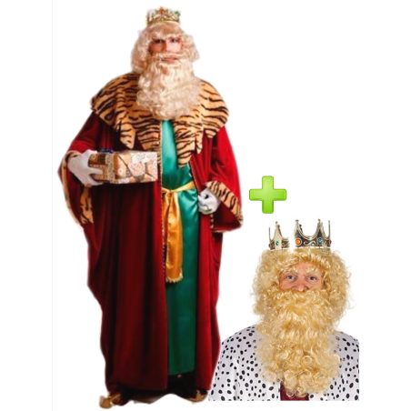 Disfraz de Rey Mago Gaspar con corona, peluca y barba - Packs Navideños