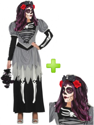 Disfraz de Catrina Novia Huesos Gris - Disfraces Halloween Mujer