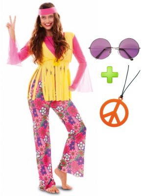 Disfraz de Hippie Rosa con set - Pack Disfraces Años 60-70