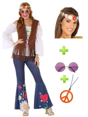 Disfraz de Hippie Marron Mujer con set - Pack Disfraces Años 60-70