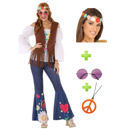 Disfraz de Hippie Marron Mujer con set