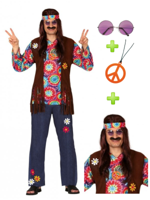 Disfraz Hippie Hombre Flecos con set - Pack Disfraces Años 60-70