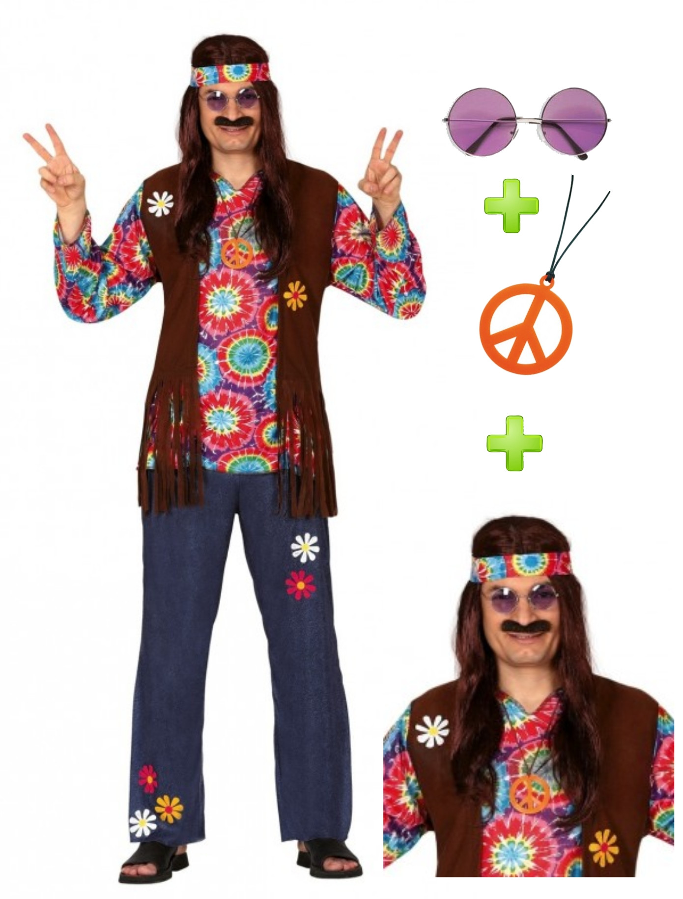 Comprar Disfraz Hippie Hombre Flecos con set Pack Disfraces Años