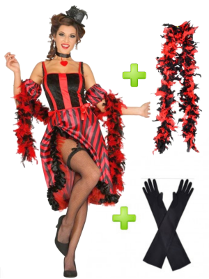 Disfraz Can Can Rojo con boa y guantes - Packs Disfraces Cabaret