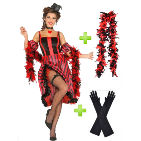 Disfraz Can Can Rojo con boa y guantes