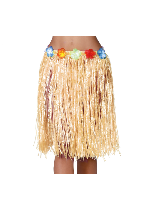 Falda Hawaiana con Flores de 55cm Paja - Hawaianos