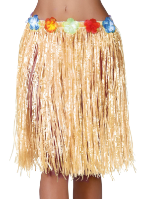 Falda Hawaiana con Flores de 55cm Paja - Hawaianos