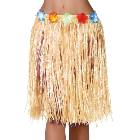 Falda Hawaiana con Flores de 55cm Paja - Hawaianos