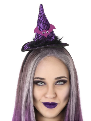Sombrero Bruja Mini Morado Con Murcielago - Complementos de Brujas y hechiceros