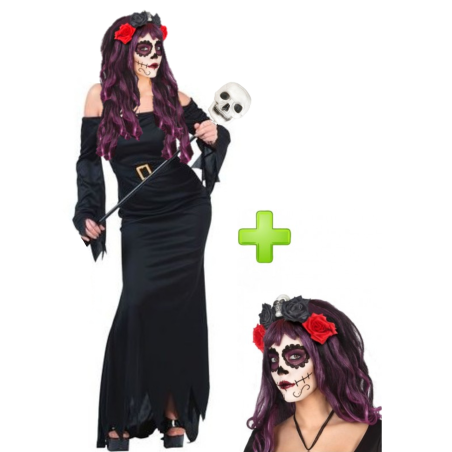 Disfraz de Catrina Largo Negro para Mujer - Disfraces Halloween Esqueletos