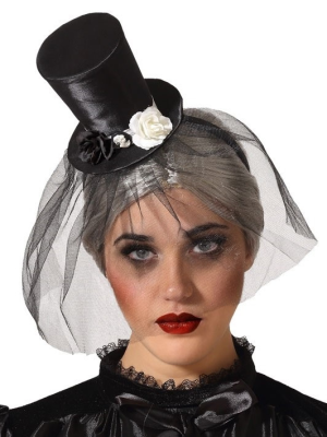 Chistera Mini Negra con Velo y Flores - Sombreros