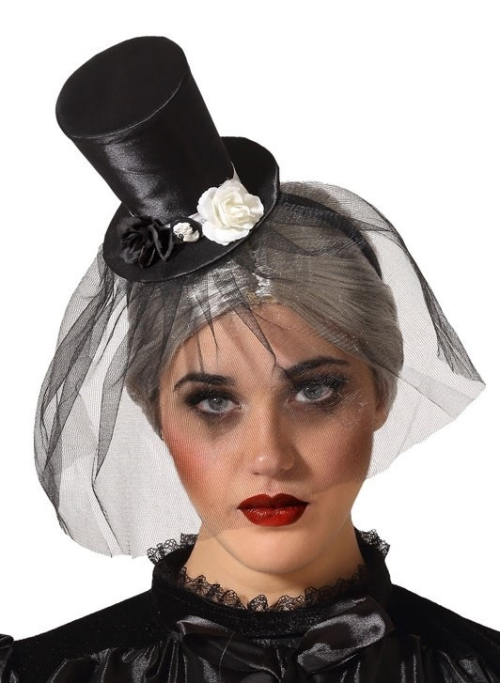 Chistera Mini Negra con Velo y Flores - Sombreros
