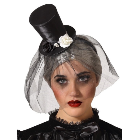 Chistera Mini Negra Con Velo Y Flores - Complementos Disfraces Halloween