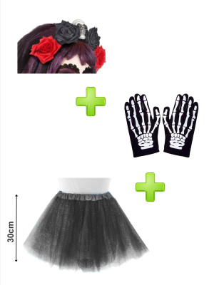 Set de Catrina Rojo y negro infantil - Disfraces Halloween - Packs Disfraces Halloween Infantiles