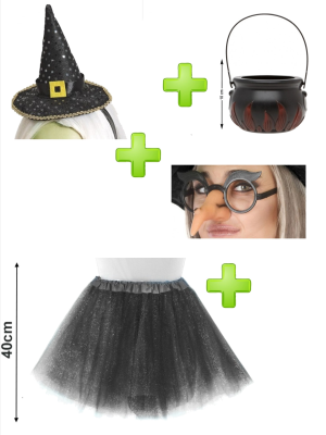 Set de Bruja Negra Brillos adulto - Disfraces Halloween - Packs Disfraces Halloween Adulto