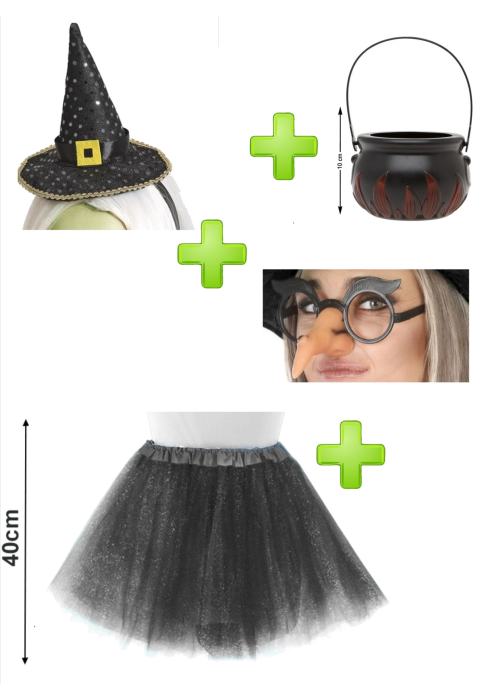 Set de Bruja Negra Brillos adulto - Disfraces Halloween - Packs Disfraces Halloween Adulto