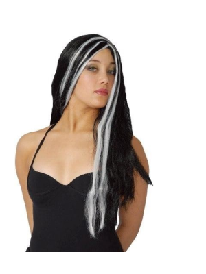 Acheter Perruque de longs Cheveux Noir avec des stries de Blanc pour seulement 6,00€ – Atelier de costumes en ligne