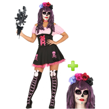 Disfraz de Catrina Corto Rosa para Mujer - Disfraces Halloween Esqueletos
