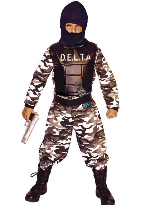 Disfraz de Delata Force. Jumsuit, chaleco, casco, granadas de juguete y  pistola grande