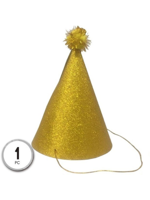 Gorro Cono Oro Pompom - Gorros y Diademas para Cotillon