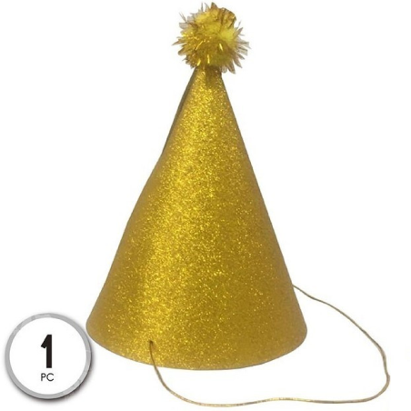 Gorro Cono Oro Pompom - Gorros y Diademas para Cotillon