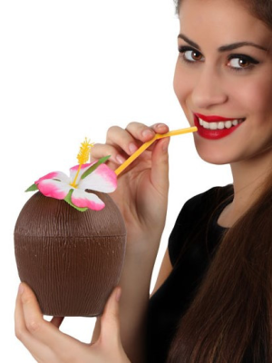 Vaso con Forma de Coco con Flor - Fiesta Hawaiana