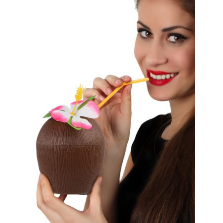 Vaso con Forma de Coco con Flor - Fiesta Hawaiana