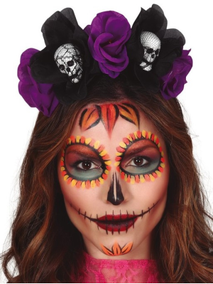 Diadema Flores Negra y Lila con Calaveras - Complementos de Esqueletos y Catrinas