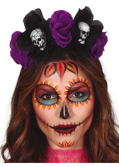 Diadema Flores Negra y Lila con Calaveras - Complementos de Esqueletos y Catrinas