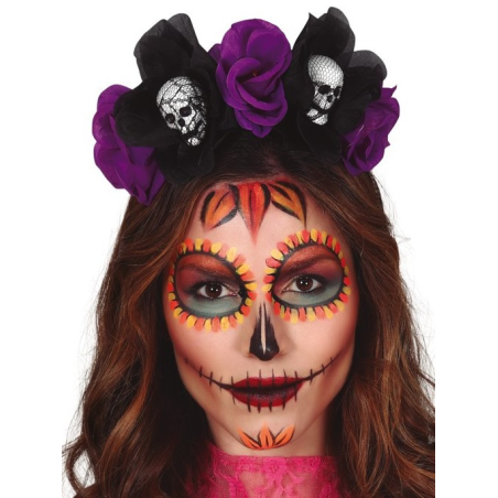 Diadema Flores Negra y Lila con Calaveras