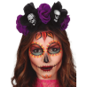 Diadema Flores Negra y Lila con Calaveras - Complementos de Esqueletos y Catrinas