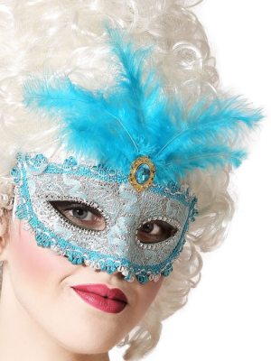 Antifaz con Pluma Azul - Complemento Epoca y venecianos