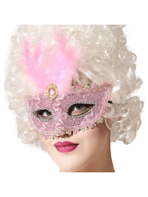 Antifaz con Pluma Rosa - Complemento Epoca y venecianos