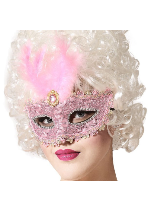Antifaz con Pluma Rosa - Complemento Epoca y venecianos