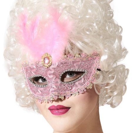 Antifaz con Pluma Rosa - Complemento Epoca y venecianos