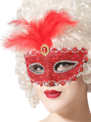 Antifaz con Pluma Roja - Complemento Epoca y venecianos