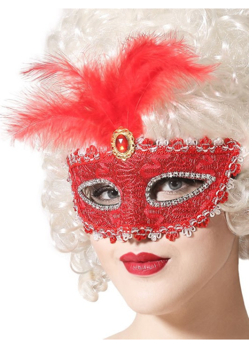 Antifaz con Pluma Roja - Complemento Epoca y venecianos