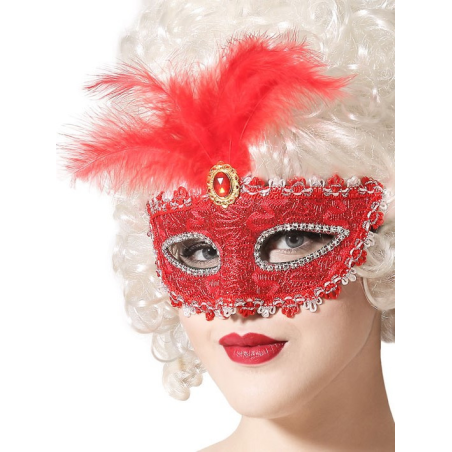 Antifaz con Pluma Roja - Complemento Epoca y venecianos
