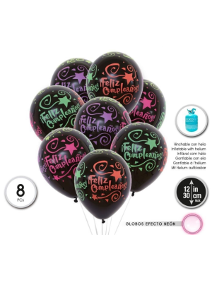 Comprar Globos Negros Feliz Cumpleaños Neon 8 Unid - Globos de Latex