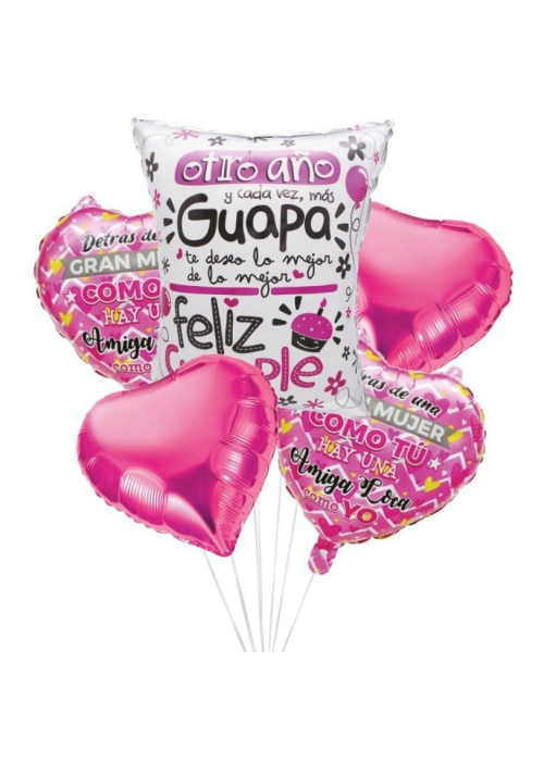 Set de 5 globos metalizados 5 modelo corazón color rosa