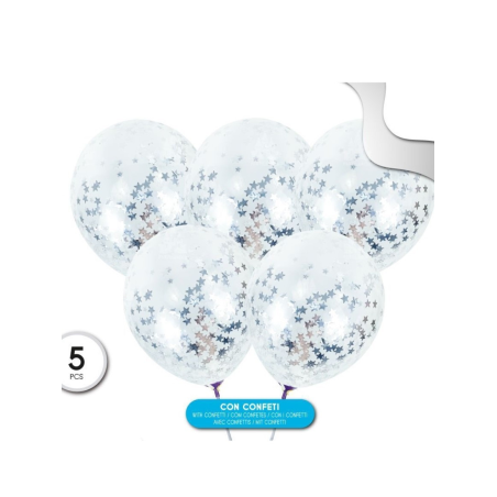 Globos con Confeti de Estrellass Plateado 5 Unid. 30cm. - Globos de Latex