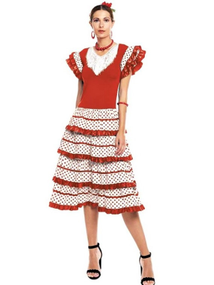 Disfraz De Sevillana Corto Blanco Y Rojo - Disfraces de Sevillana para Mujer