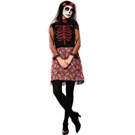 Disfraz de Catrina Corto Rojo para Mujer - Disfraces Halloween Esqueletos