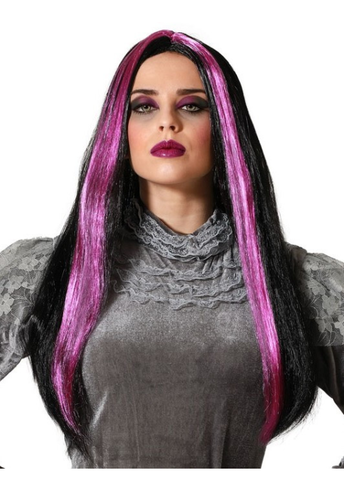 Peluca Melena Larga Negra Mechas Lilas - Complementos Disfraces Halloween