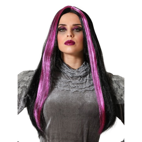 Peluca Melena Larga Negra Mechas Lilas - Complementos Disfraces Halloween