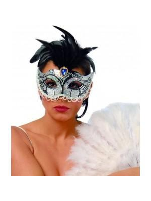 Antifaz con Plumas Plata - Mascaras y Antifaces