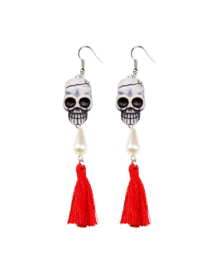 Pendientes Calaveras Con Pompom Rojo