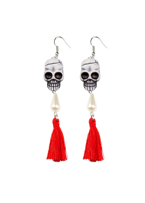 Pendientes Calaveras Con Pompom Rojo