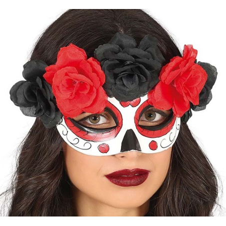 Antifaz  Catrina  Flores Rojas y Negras