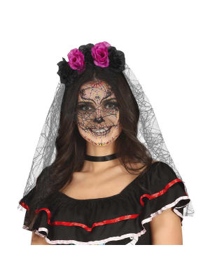Diadema con Velos y flores Lilas y Negras